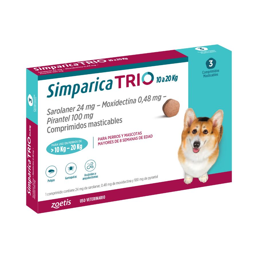 Simparica trio 10.1 - 20 kg antiparasitario para perros 3 comprimidos